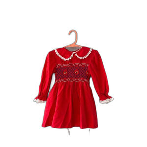 Vintage Hand Smocked dress by Carousel red floral lace trim size 4T